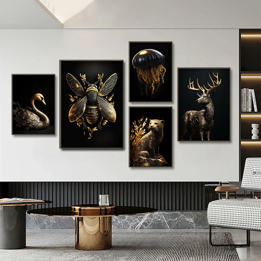 Black Gold Animals Canvas Painting